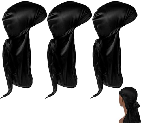 3 PCS Silky Satin Durag, Head Scarf Long Tail Durag, Breathable Pirate Headwraps Cap Wrinkle Free, Trendy Minimalist Easy Matching Silk Durag for Waves Braids Locs
