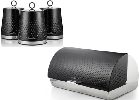Swan Elegance Black Breadbin and Tea, Coffee, Sugar Canisters. Contemporary Matching Kitchen Storage Set with a Premium Textured Black Finish and Stainlesss Steel Accents