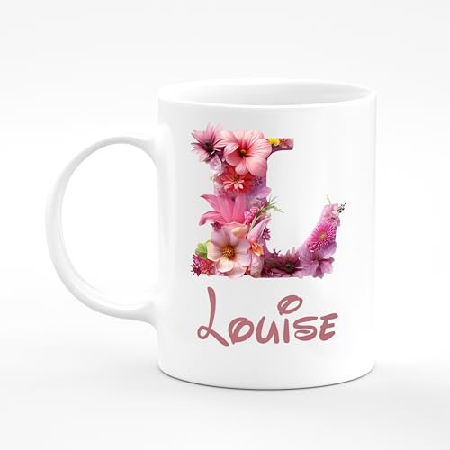 Amelia Gould Apparel Louise Flower Letter Design Mug Gift 11oz Ceramic Coffee Tea Cup Alphabet