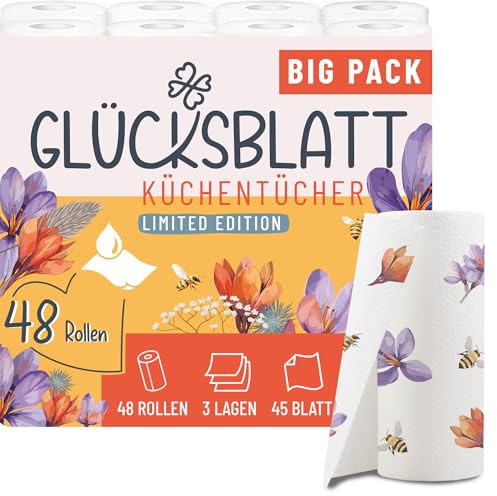 Glücksblatt Küchentücher mit Motiven 3-lagig | 48 Rollen x 45 Blatt | saugstarke bedruckte Küchenrollen aus 100% Zellstoff | Allzwecktücher & Papiertücher für Küche, Haushalt & Büro Küchenpapier