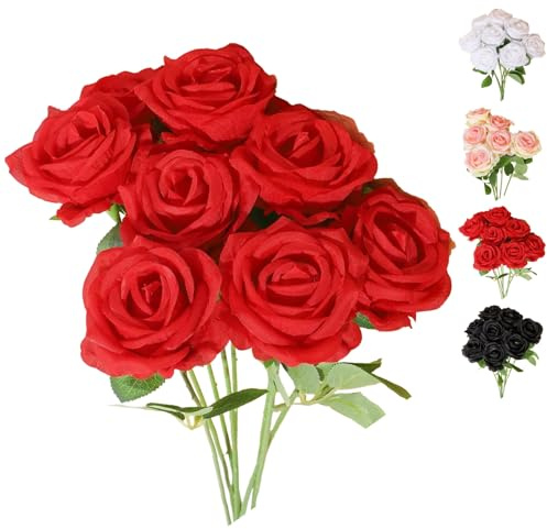 LaresDay 5 Stück Künstliche Rosen mit Stiel - Realistische Rote Dekoblumen für Hochzeit, Zuhause, Garten & Party - Stabiles 5er Set Deko Blumenstrauß (ca. 50cm) (red)