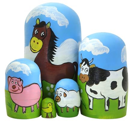 Boerni Set of 5 Farm Animals Wood Nesting Dolls,Animal Pattern Horse Cow Pig Sheep Duck Wooden Russian Matryoshka Dolls Stacking Toy Desk Ornament Babushka Home Decor for Kid Christmas Birthday Gift