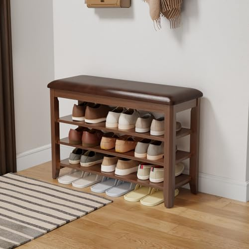 AQIMUELE Schuhbank, Schuhregal Bank mit Kissen, 3 Ebenen, gepolstert, Schuhregal aus Holz für Eingang, Flur, bis 226 kg belastbar, 80CM (Walnuss)