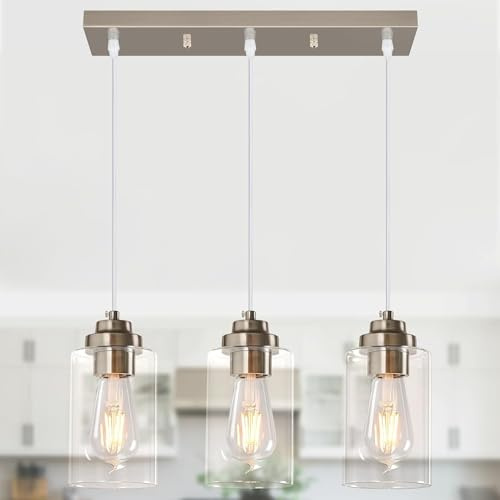 SHJNGMY Moderne Hängelicht Insel Industrie Pendelleuchte Samen Glas Deckenlampe Sandnickel Bauernhaus Beleuchtung für Küche Insel Flur Schlafzimmer Bar Esszimmer (3-Licht)