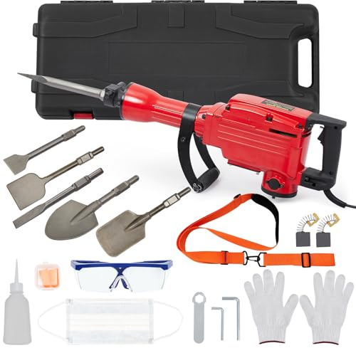 Abbruchhammer 2200w Hochleistung | Schwerlast Meißelhammer mit Sicherheitsschalter | 6-Tlg Set Inkl. 3 Meißel, Tragetasche & Arbeitshandschuhen | für Betonabbruch (65a)