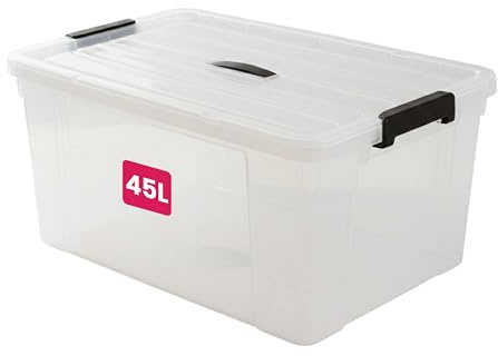 STL Clear Plastic Storage Boxes with Lids, Heavy-Duty Durable Stackable Plastic Storage Containers, Underbed Storage Boxes, Secure Clip-Lock Lid for Home, Office, Kitchen, Toys (1, 45ltr)