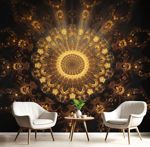 Symmetrie Kunst Motiv Fototapete, 3D Effekt Schwarzes Gold Blinkende Lichter Mandala Muster Wandtapete Schlafzimmer, ‎150x105cm (B×H) Seidenstoff Wanddeko Tapete, Wohnzimmer Kinderzimmer Dekoration