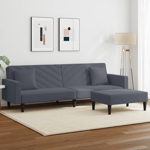 Mandloder Dunkelgraue 2-Sitzer Sofagarnitur, Samt Schlafsofa mit Hocker & 2 Kissen, Modernes Ecksofa für Wohnzimmer, Vielseitiges L-Sofa, 220x84,5x69cm