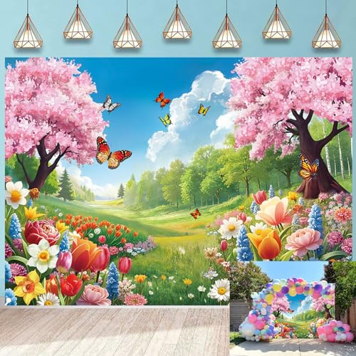 Spring Floral Meadow Backdrop Cherry Blossom Butterfly Colorful Flowers Green Grass Cartoon Nature Scene Photography Background Kids Baby Shower Birthday Party Decor Banner Photo Props (7x5FT)