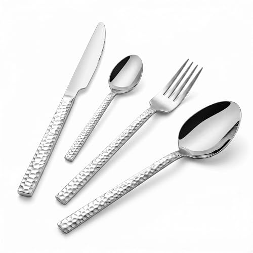 Tieplis 16 Piece Hammered Cutlery Set, 18/10 Stainless Steel Flatware Set for 4, Silverware Set with Knife Fork and Spoon, Heavy Duty, Mirror Polished & Dishwasher Safe for Home Restaurant