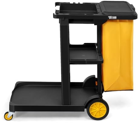 ROVSUN Carro de Limpieza Multifuncional con 3 estantes y Bolsa de Basura de 57 l, extraíble, Carrito de Servicio con Ruedas TPR para Limpieza, Tapa abatible y Gancho para Colgar, 230 kg (Negro 1)