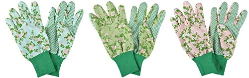 Esschert Design Gartenhandschuhe mit Rosendruck, 12 x 10 x 26 cm, farbig sortiert, mit Bund, mit Noppen, Grundfarbe grün