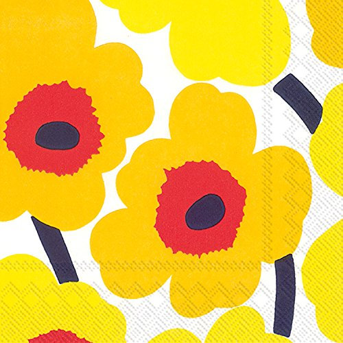 IHR Ideal Home Range Party-Servietten, Marimekko, Einweg-Servietten, 3-lagig, Papierservietten, 16,5 x 16,5 cm, Unikko, Dunkelgelb, 20 Stück