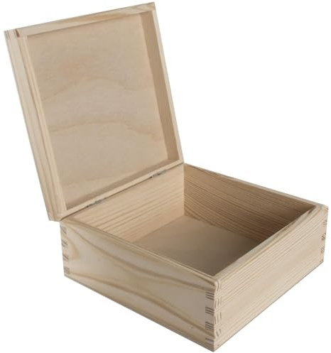 WooDeeDoo Small Square Wooden Box with Hinged Lid – 15 x 15 x 7 cm Plain Pine Storage for Crafts Keepsakes Jewellery Trinkets DIY Decoration Gift Packaging Unpainted Natural Wood