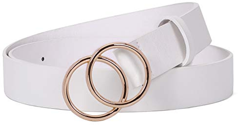 JasGood Damen Ledergürtel Mode Doppel O-Ring Schnalle Gürtel für Jeans Hosen Kleider,Weiß,100cm