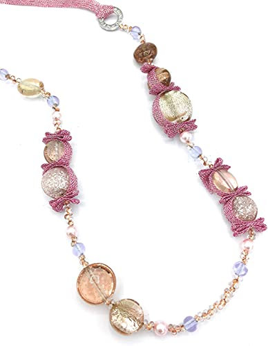 Antica Murrina Murano-Glas-Halskette, Murrina Venedig, 55 cm, Edelstahl, Unisex, Pink, Multicolor, Poliert