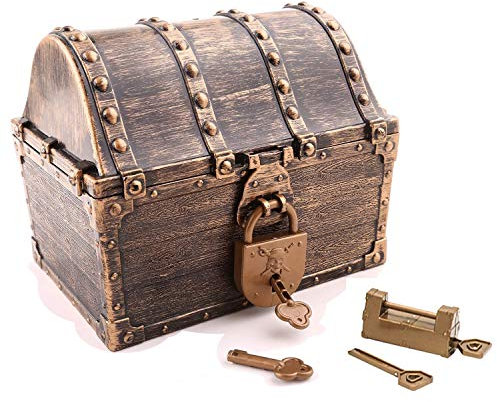 Kids Pirate Treasure Chest Toy - Large Size Plastic Vintage Treasure Box Antique Color with 2 Set of Locks - Party Favors Props Decoration