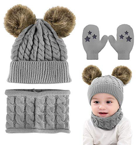 CheChury Cappello A Maglia Bimbo Neonata Cappellino con Sciarpa Set 2/3Pcs Cappelli Bambina Ragazzo Sciarpa Berretto A Maglia con Pompom Unisex 0-24 Mesi,Grigio,Taglia Unica