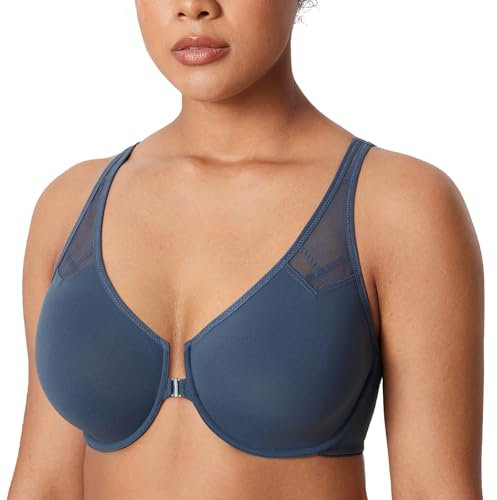 Delimira Women's Front Fastening Bras Underwire Unlined Racerback Plus Size Bra Sargasso 36D