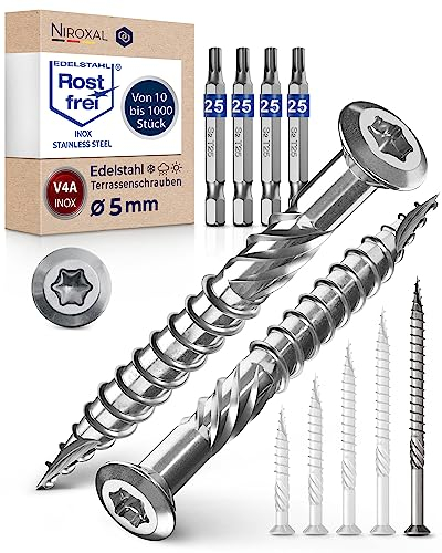 Terrassenschrauben 5x80 Edelstahl A4 Linsenkopfschrauben Torx Schrauben 5mm stark 1000 Stück Holzschrauben Torx 80mm lang Edelstahlschrauben Holz inkl. 4x Torx Bits