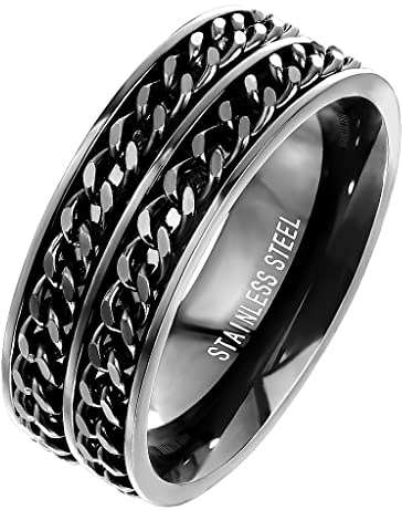 Taffstyle Biker Kettenring - Edelstahl-Bikerring mit doppelt beweglichen Ketten für Herren | Schwarz plattiert 8 mm poliertes Finish, moderner Schmuck - Schwarz
