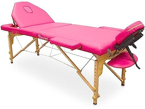 Quirumed Lettino da massaggio pieghevole, in legno, 186 x 66 cm, con schienale, colore rosa, foro per il viso, tappo per il viso, testa rimovibile, zaino per il trasporto, fino a 140 kg