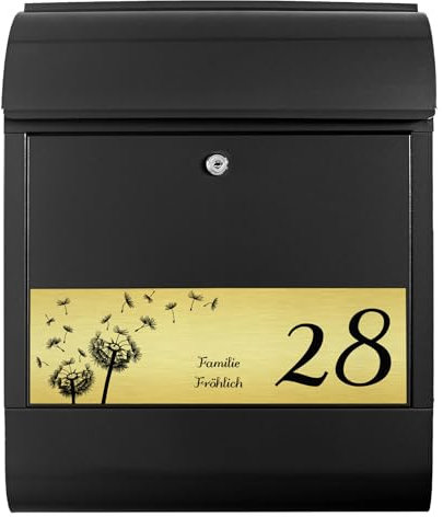 Banjado® Personalisierter Briefkasten Mit Graviertem Namensschild in Gold - Schwarz 39x47x14cm - Mit Hausnummer, Namen & Motiv Pusteblume - Mit Zeitungsfach