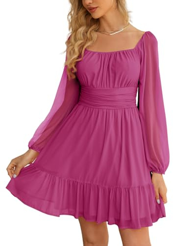 Wenrine Damenkleid aus Netzstoff, langärmelig, quadratischer Ausschnitt, hohe Taille, A-Linie, Rüschensaum, fließend, lässig, Party, Minikleid, Rosenrot, Mittel