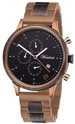Waidzeit CE019 Chronograph Uhr Herrenuhr Edelstahl Holz 3 bar Analog Chrono Datum braun