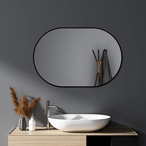 HY-RWML Spiegel Schwarz 50x80 cm Wandspiegel oval Wandmontage Edelstahl Kosmetikspiegel für Badezimmer Wohnzimmer Glatte Spiegeloberfläche horizontaler vertikaler Einbau
