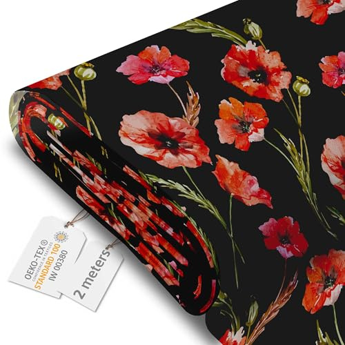 DreamRoots Markisenstoff Meterware, Poppies on Black, 2 m | Oxford Segeltuch, wasserdicht, Polsterstoff, 220 g/m² 600D, 160 cm breit, wasserabweisend, für außen & Deko