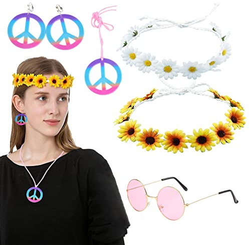 DKDDSSS 5 Stück Hippie Kostüm Set, 60er 70er Jahre Retro Accessoires Damen Herren, Hippie Accessoires mit Runde Pink Brille, Friedenszeichen Halskette Und Ohrring, Gänseblümchen Stirnband