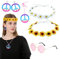 DKDDSSS 5 Stück Hippie Kostüm Set, 60er 70er Jahre Retro Accessoires Damen Herren, Hippie Accessoires mit Runde Pink Brille, Friedenszeichen Halskette Und Ohrring, Gänseblümchen Stirnband
