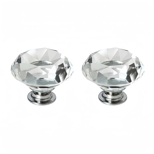 Boxonly 2Pcs Transparent Crystal Cabinet Door Knobs 40mm Cupboard Dresser Drawer Flat Diamond Pull Handles with M4x22mm Screws
