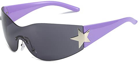 Ggpyyon Trendy Y2K Sonnenbrille für Damen Herren, 2000S Wrap Around Sunglasses Randlose Oversized Eyewear UV400 Schutz(Lila/Grau)