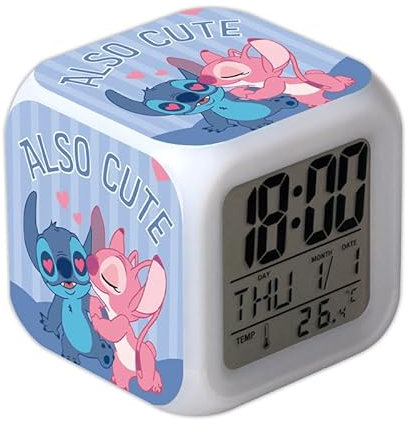 Urho Réveil numérique mignon pour chambre d'enfant, horloge cube LED 7 couleurs avec lumière - Sleep Trainer, Stitch A