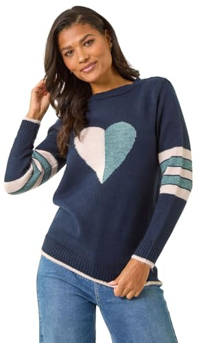 Roman Originals Thick Jumper for Women UK - Ladies Winter Autumn Smart Casual Knit Knitted Knitwear Pull-On Round Crew Neck Long Sleeve Work Office Dinner Party - Navy Sage - Size 10