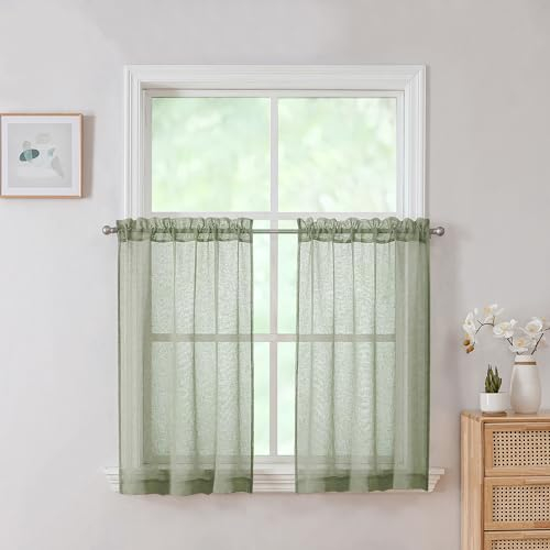 Chyhomenyc Dianna Lot de 2 voilages de cuisine transparents de 61 cm de long, rideaux de café texturés en imitation lin filtrant la lumière, pour chambre à coucher, 76,2 x 61 cm, vert sauge