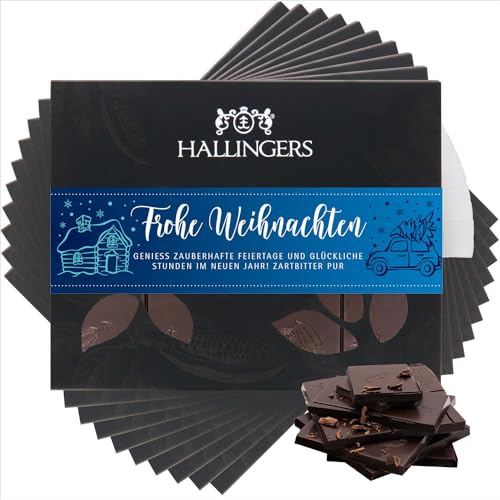 Hallingers Genuss Manufaktur Vegane Schokolade Weihnachts-Geschenk - Tafel handgeschöpfter Edelkakao ohne Alkohol edler Karton 10x Frohe Weihnachten Pur 85%, Weihnachten für Frauen Männer