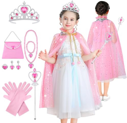 AOMIG Mantello da Principessa Bambina, 11 Pezzi Costume da Principessa, Mantello Vestito da Principessa Bambina con Corona, Bacchetta, Collana, Anello, Orecchini, Principessa Vestita per Cosplay Feste