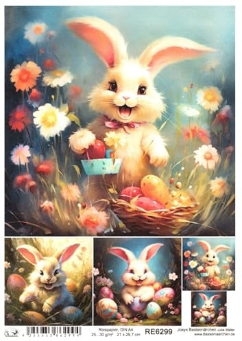 Josys Bastelmärchen Reispapier A4 Strohseide Ostern witziges süßes Häschen Blume Wiese Korb RE6299