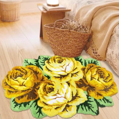 USTIDE Tapis de cuisine rustique fait à la main - Motif rose jaune - Tapis de sol lavable et antidérapant - Pour chambre de fille