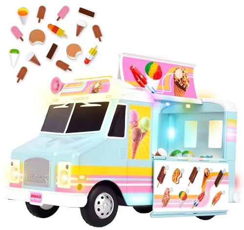 Maxx Action 12” Ice Cream Food Truck, Lights and Sound, Includes 16 Pieces with Miniature Food, Imaginative Food Play for Girls and Boys 3+