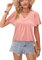 Rayson Camiseta Mujer Cuello en V Verano Camiseta de Poliéster Manga Corta Color sólido Casual Plisado Blusa Verano Básico Tops S-XL(Rosa,L)