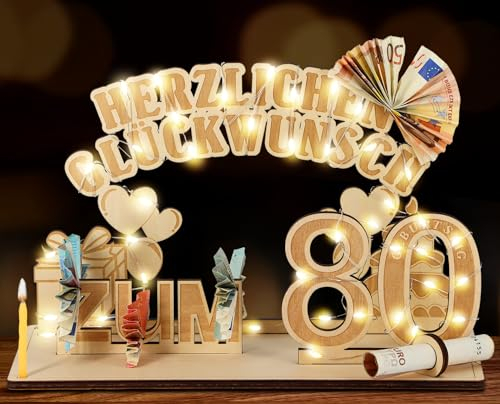 Giftota Original 80. Geburtstag Geldgeschenke Holz mit LED Lichterkette, Geschenke zum 80 Geburtstag Mann Frau, 80. Geburtstagsgeschenk Dekoration