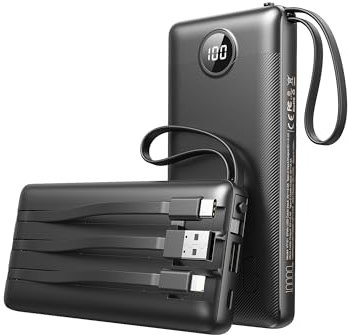 Batterie Externe 10000mAh avec 4 Câbles Intégrés, VEEKTOMX POWER BANK 5 Sorties et 4 Entrées Batterie Portable Puissante, Battery Pack de Voyage Chargeur Externe Compatible avec iPhone/Samsung/Android