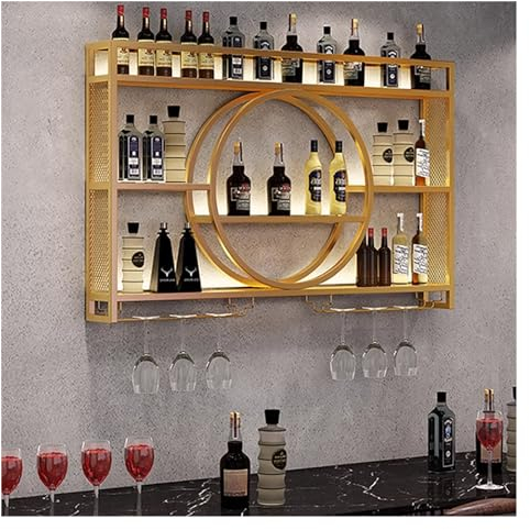 Porte Bouteille Mural,Grand Casier À Bouteilles en Fer avec Lumière LED,Étagère Verticale Industrielle pour Le Rangement De Meuble Alcool,Range Bouteille pour Cave À Vin,Bar,Maison,Cuisine,Or/Noir (C
