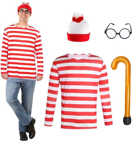 Rot-weißes Kostüm-Set für Herren und Damen, Erwachsene, Halloween, Cosplay, lustig, gestreift, Hemd, Mütze, Zauberer, Brille, Socken, Anzüge, Erwachsene, Herren, XL