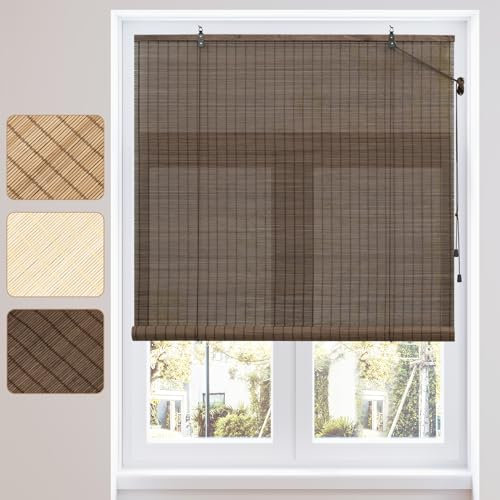 WOLTU Bambusrollo Sonnenschutz Sichtschutz Bambus Jalousie Raffrollo Seitenzugrollo Lichtfilter Belüftung Rollo für Fenster Tür Terrasse Balkon Garten, 60x220 cm, Dunkelbraun