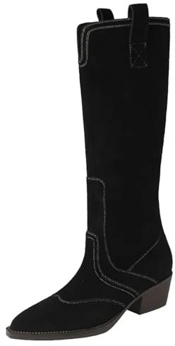 Lmtossey Stivali da donna alti al ginocchio in pelle scamosciata naturale a punta punta 5 cm di spessore tacco Mmed Slip-On stivali alti, Nero , 39 EU
